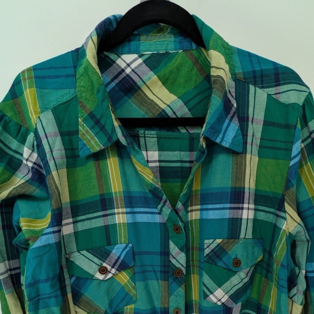 Catos‎ 3X $35 Green Blue Plaid 100% Cotton Long Sleeve Roll Tab Button Up Tunic